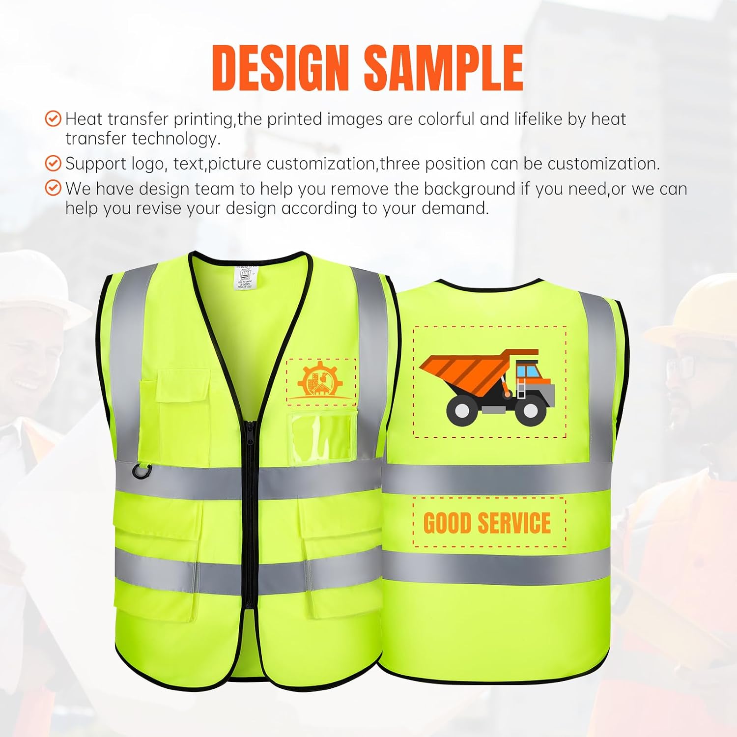 Custom Logo Safety Vest High Visibility Reflective Vest Class 2 Standard with Pockets and Zipper