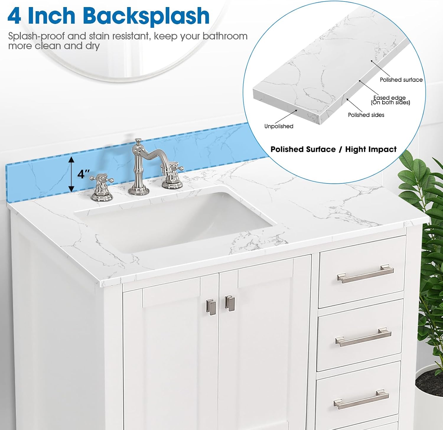 36 Inch Engineered Stone Bathroom Vanity Sink Top, with Undermount Rectangular Left Side Sink, Vanity Countertop with 8 inch Faucet Hole Spacing and Backsplash in Lightning White