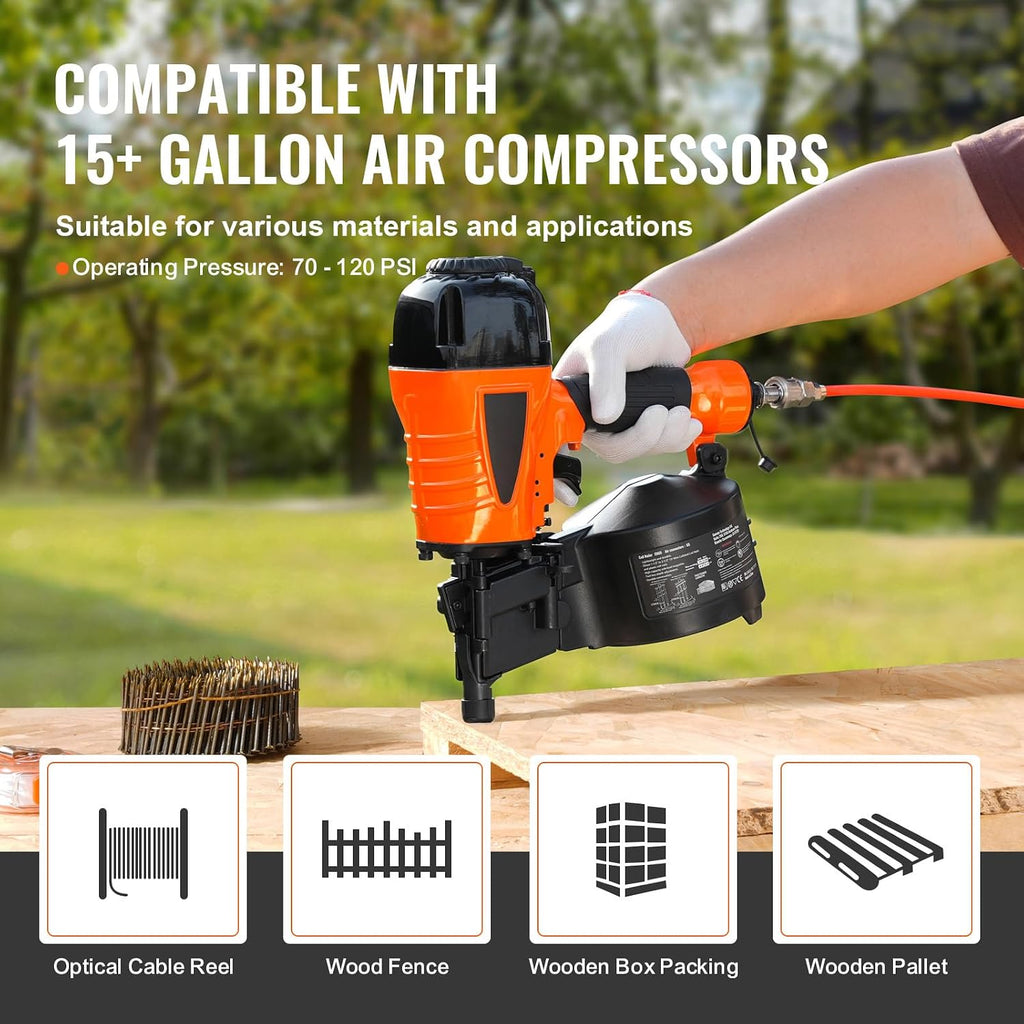 Happybuy Coil Siding Nailer CN65, 1-1/4' to 2-1/2' 15 Degree Pneumatic Siding Nail Gun with Tool-Less Depth Adjustment, 70-120PSI Air Coil Nailer for Siding, Pallet Sheathing, Wooding, Fencing