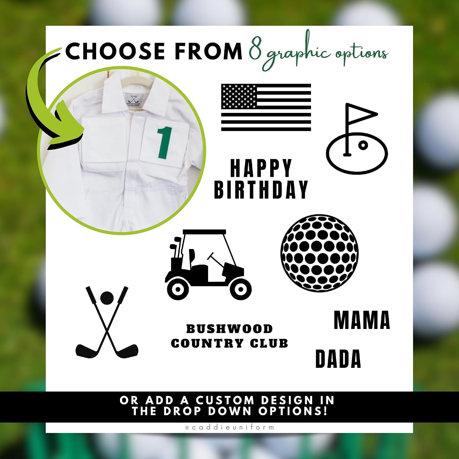 Caddie Adults Uniform Custom Golf Outfit (White) - Caddy Jumpsuit w/2 Front Pocket Patches,1 Back Patch