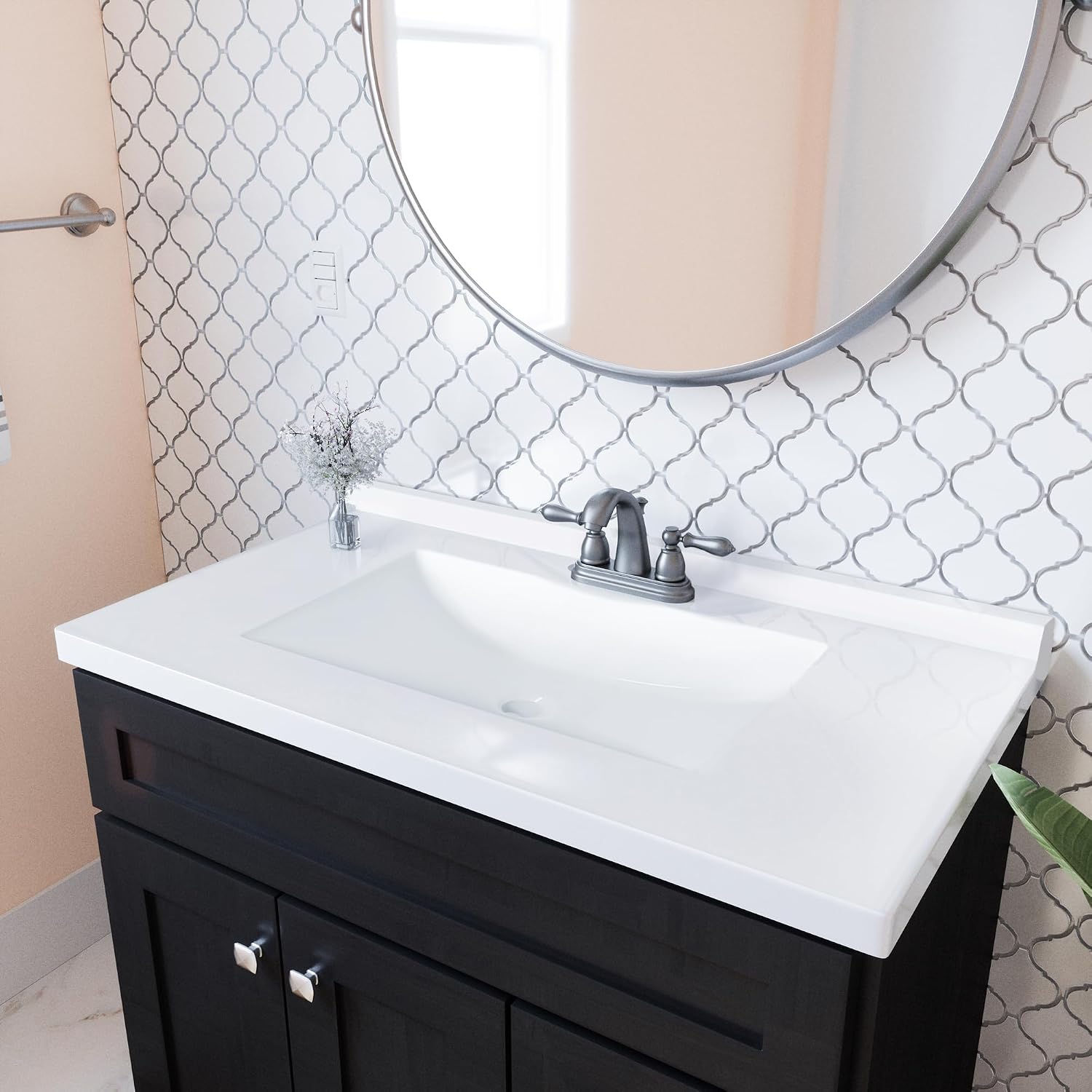 Design House 630236 Camilla Cultured Marble Vanity Top Single Bowl Sink 4-Inch Centerset with Integrated Backsplash, 37-Inch, Solid White