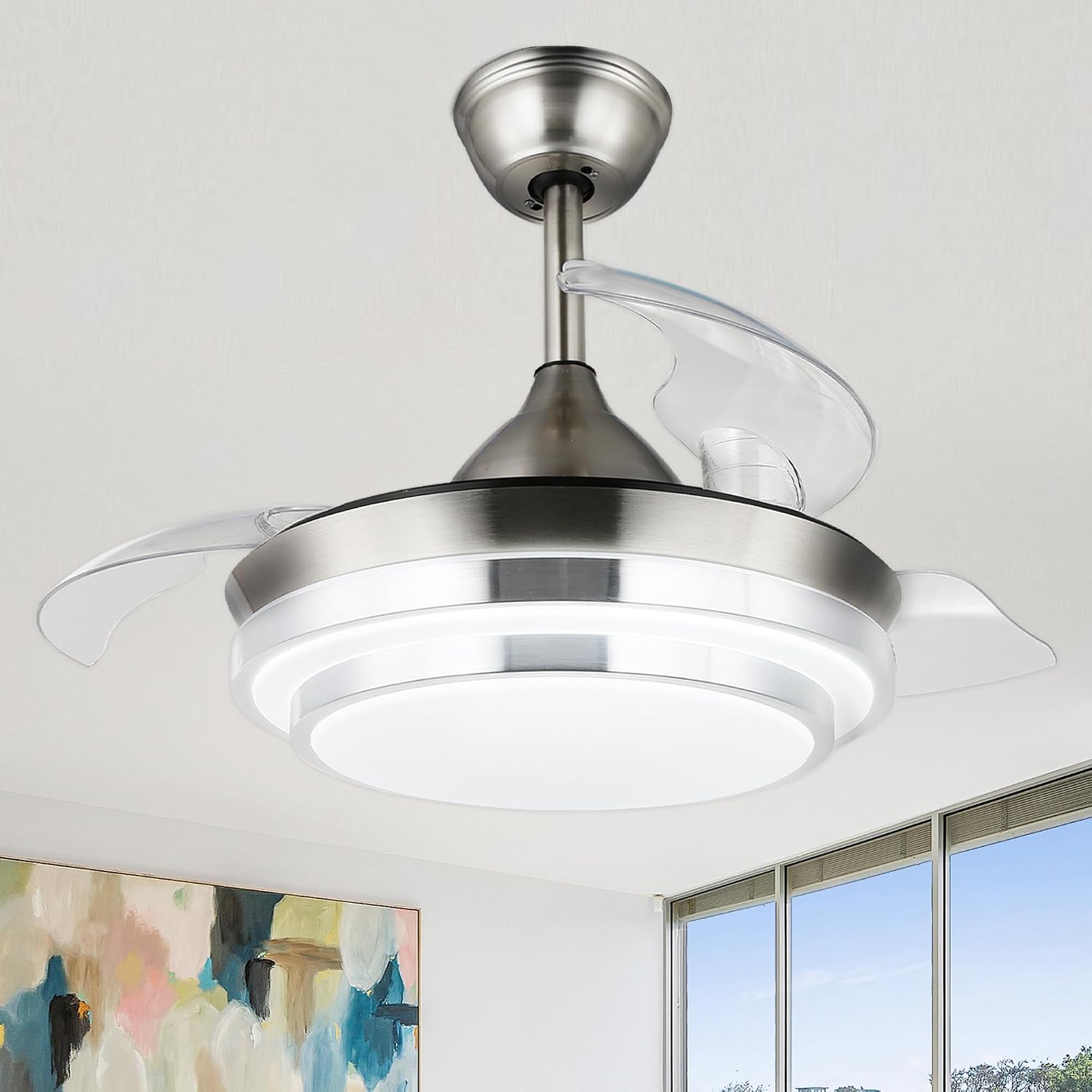 Dawn Whisper 42' Modern Retractable Ceiling Fan with Dimmable LED Light and Remote Control for Living Room Bedroom Restaurant, Silver Brushed Nickel