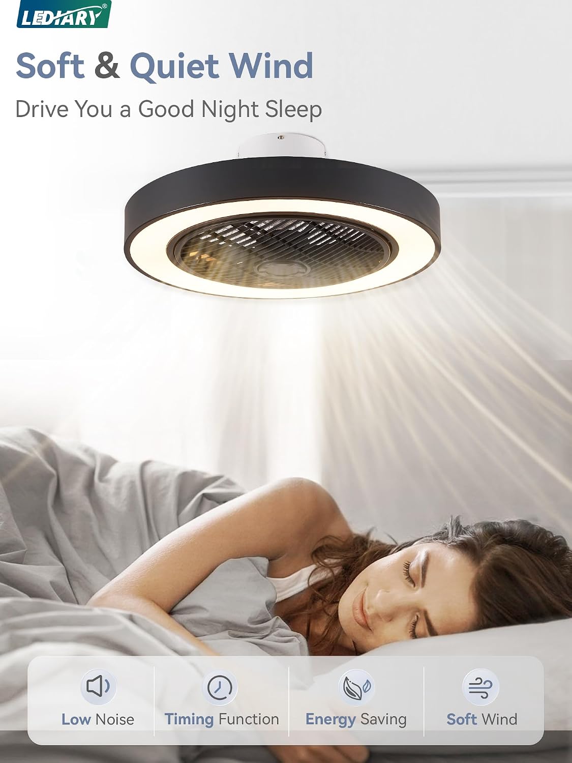 LEDIARY 22in Enclosed Ceiling Fans with Lighst and Remote, Black Modern Bladeless Ceiling Fan with Bright Light, Led Flush Mount Ceiling Fan for Bedroom, Living Room, Kid Room(6 Speeds, 3000-6000K)