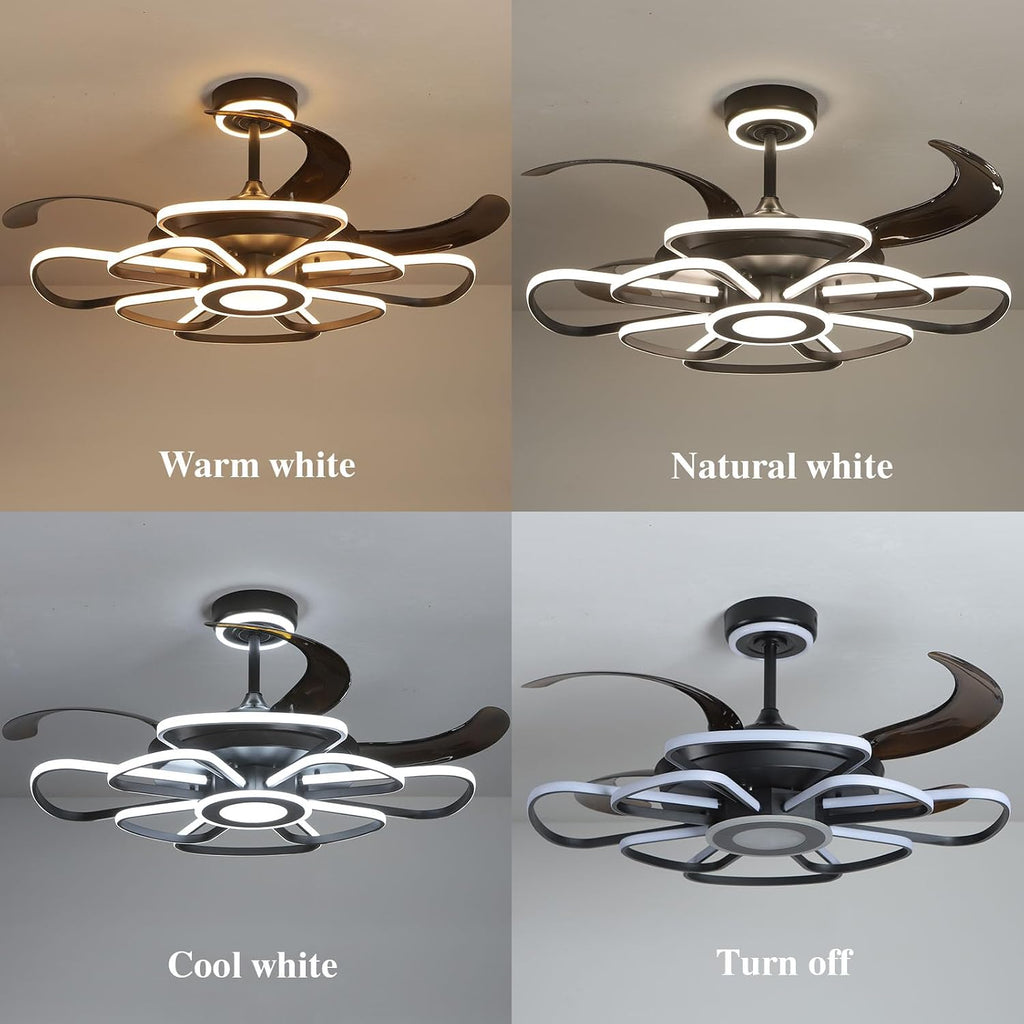 48' Retractable Ceiling Fan with Lights Modern Fandelier Fan Light with Remote Bladeless Fan Ceiling Light for Bedroom Living Room 6 Speed Black (Black RFL25003)