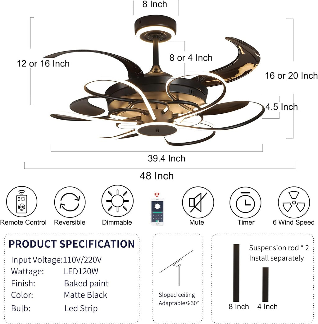 48 Inch Retractable Fandelier Ceiling Fan Chandelier with Lights and Remote for Bedroom Indoor Decoration, 3 Color Changeable, Dimmable with App, Timer Setting, Black