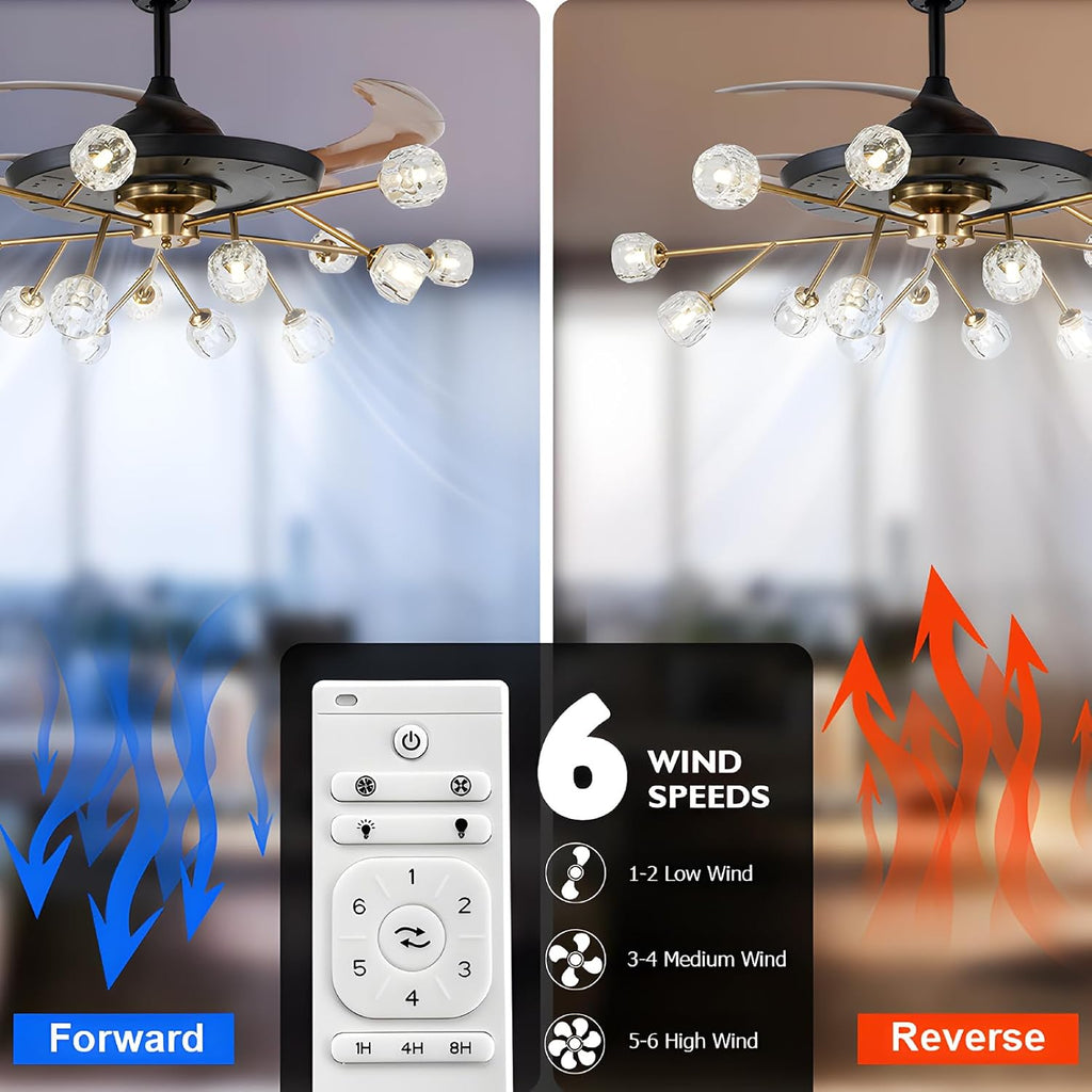 42' Modern Retractable Chandelier Ceiling Fan and Remote, Elegant Black 15-Light Fandelier Ceiling Fan with Reversible Blades 6 Speeds Silent Motor for Living Dinning Room