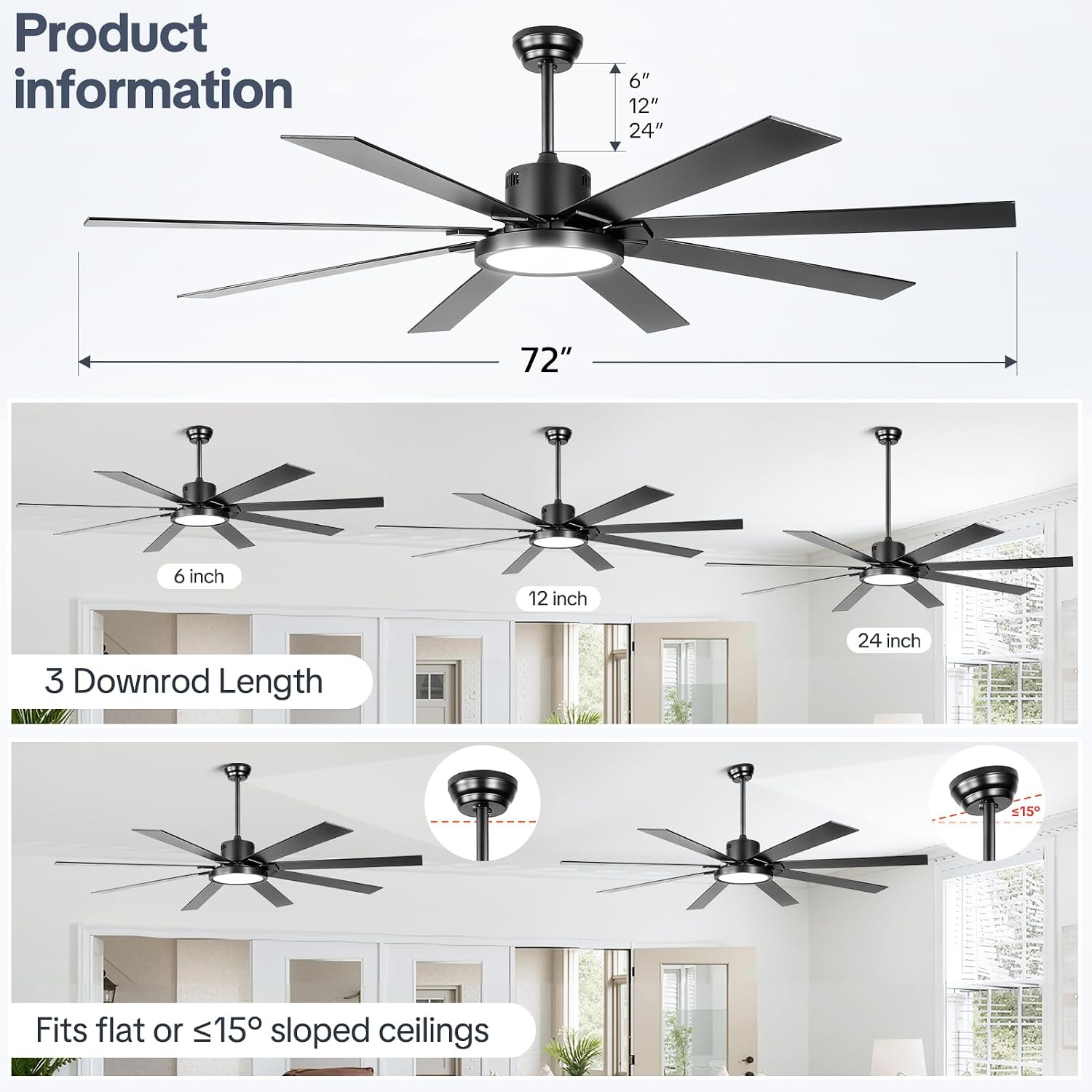 Large Ceiling Fans with Lights, Modern 72 Inch 8 Blade Outdoor Ceiling Fan with Remote APP Control - Dimmable Black Big Fan light Indoor Reversible 6 Speed Quiet DC Motor