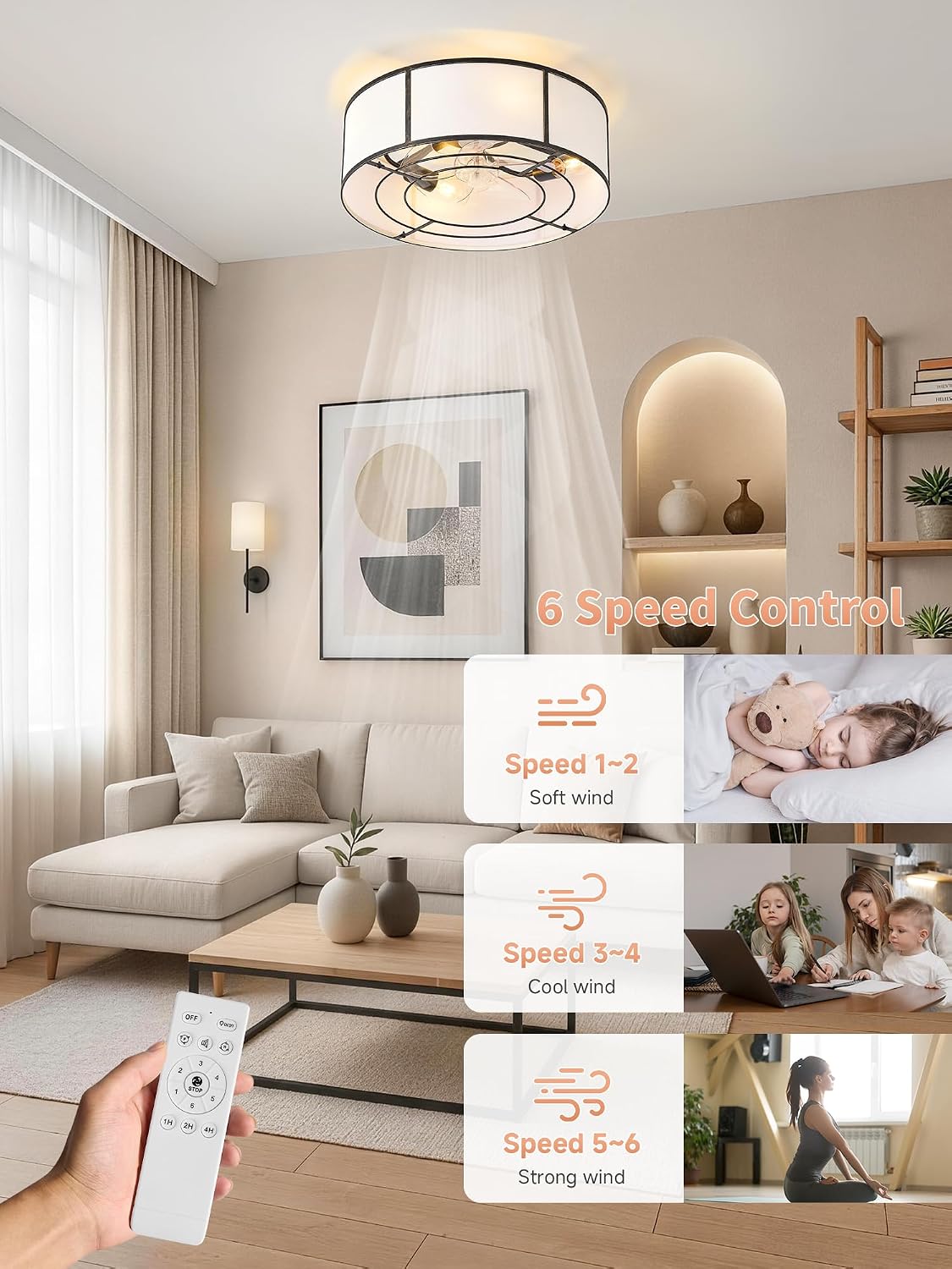 Low Profile Ceiling Fans with Lights, 20' Flush Mount Ceiling Fan with Light, Black and White Boho Bladeless with 6 Speeds Remote Control for Bedroom, Nursery, Living Room