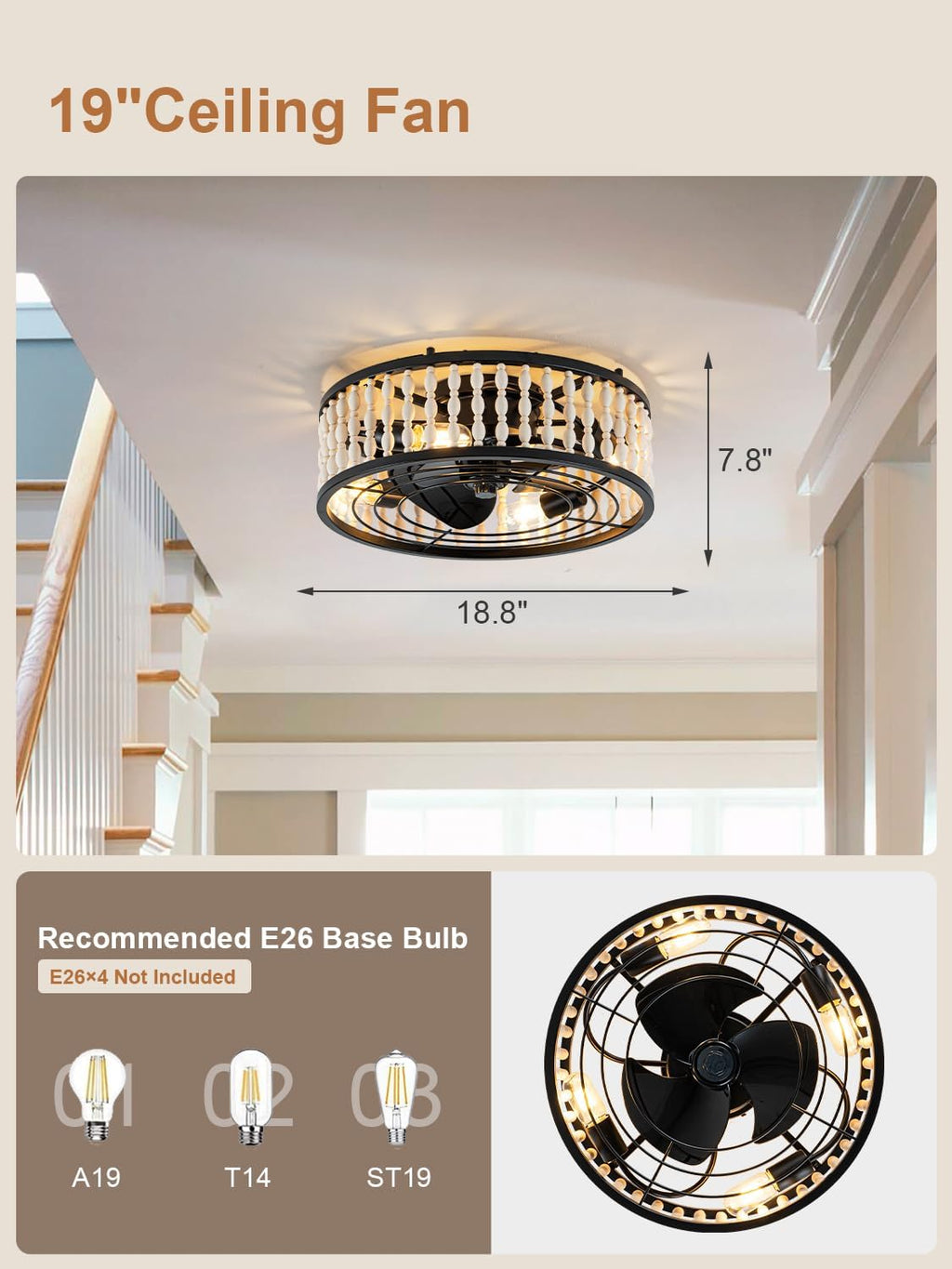 20' Boho Ceiling Fan with Light, Farmhouse Wood Beaded Ceiling Fanwith Remote, Flush Mount/Low Profile/6-Speed/Timer/3 CCT/Quiet DC Motor/Reversible
