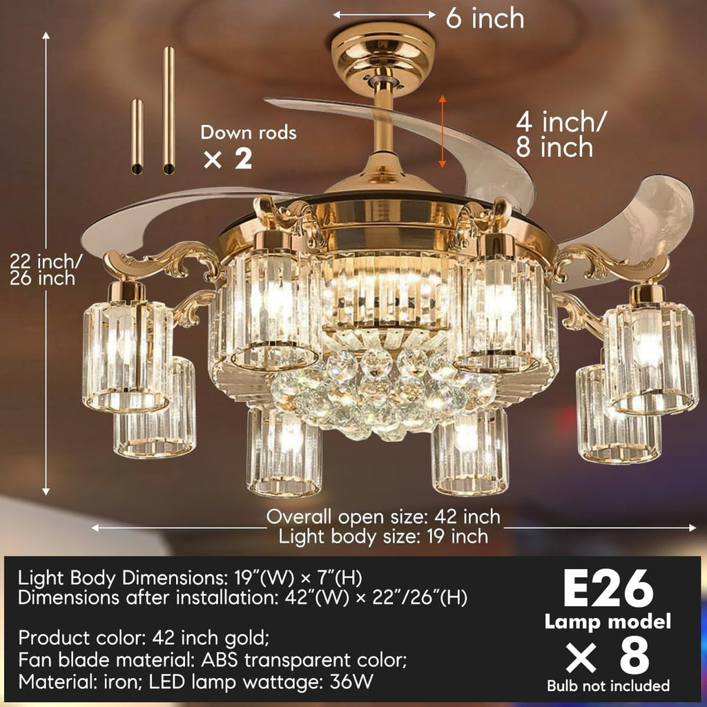 42' Modern Fandelier Ceiling Fan with Light and Remote, Gold Crystal Chandelier Fan with 8-Light Reversible Blade 6 Speed Change Silent Motor for Living Dining Room