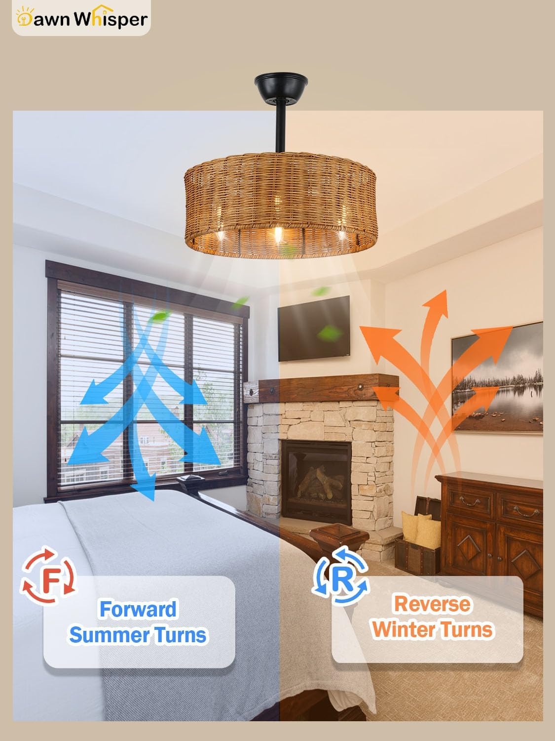 Dawn Whisper Caged Ceiling Fan with Lights, 18' Boho Ceiling Fan with Lights, Rattan Ceiling Fans with Lights, Farmhouse Ceiling Fans with Lights, Bedroom Ceiling Fans with Lights