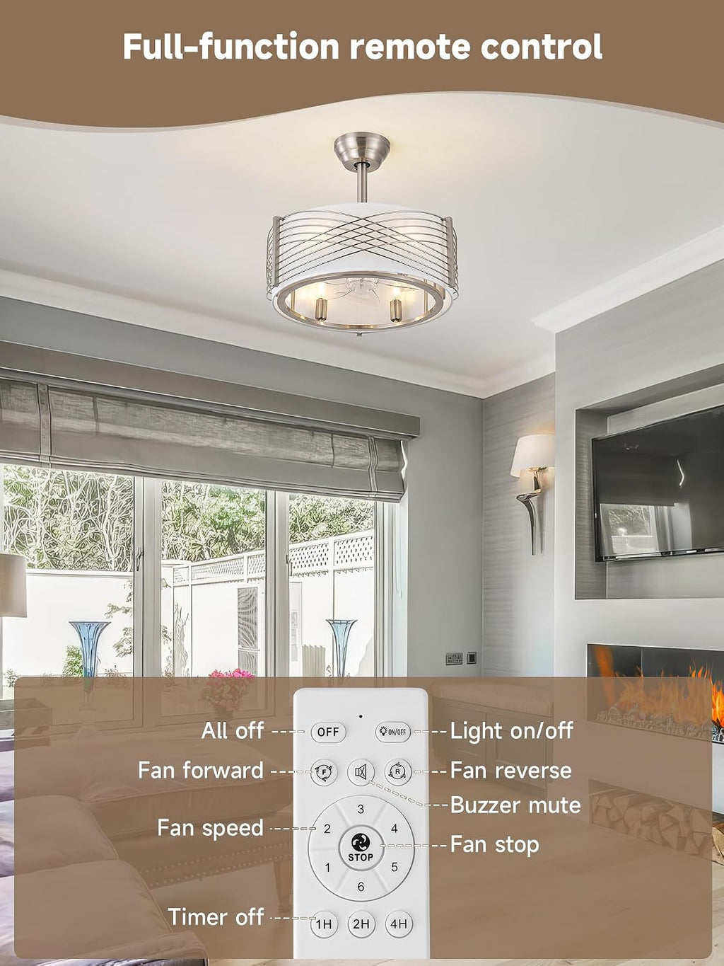 20' Fandelier Ceiling Fans with Lights, Silver Caged Ceiling Fan with Light Remote Control, Mid-Century Modern with 6 Speeds for Bedroom, Nursery, Living Room (Silver)