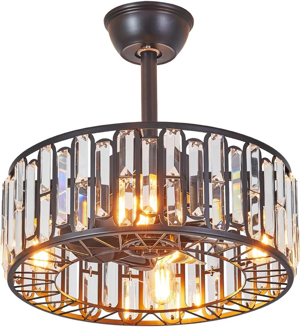 18.2' Modern Crystal Ceiling Fan with Light Black Crystal Fandelier Light Caged Ceiling Fan Light with Remote Reversible Industrial Chandelier Fan for Bedroom Living Room Dining Room Entry foryer