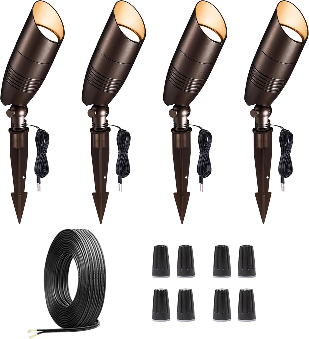Low Voltage Landscape Lighting Kit, 4 Pack 3000K/4000K/5000K Spotlights and 100FT Cable and 20 Wire Connectors, Aluminum ORB Waterproof Uplight for Tree Yard House, Without Transformer