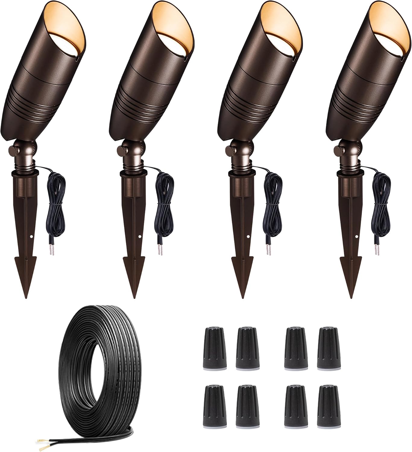 Low Voltage Landscape Lighting Kit, 4 Pack 3000K/4000K/5000K Spotlights and 100FT Cable and 20 Wire Connectors, Aluminum ORB Waterproof Uplight for Tree Yard House, Without Transformer