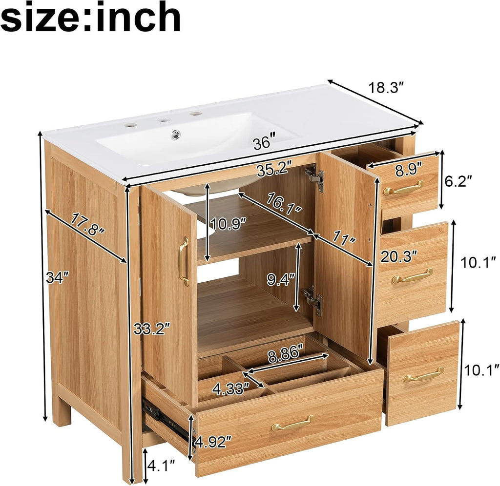 Harper & Bright Designs 36' Bathroom Vanity with Sink, Free Standing Single Basin Vanity with 2 Doors & 4 Soft-Closing Drawers, Solid Wood Storage Cabinet with Ceramic Basin for Bathroom, Acacia Wood