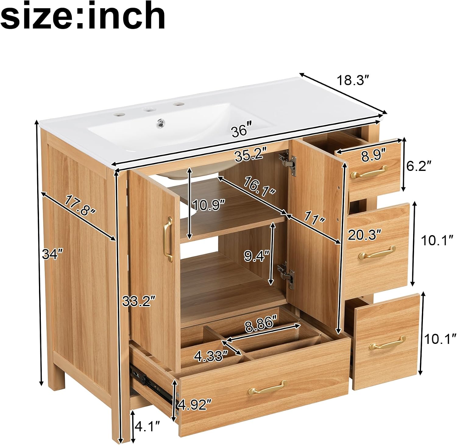 Harper & Bright Designs 36' Bathroom Vanity with Sink, Free Standing Single Basin Vanity with 2 Doors & 4 Soft-Closing Drawers, Solid Wood Storage Cabinet with Ceramic Basin for Bathroom, Acacia Wood