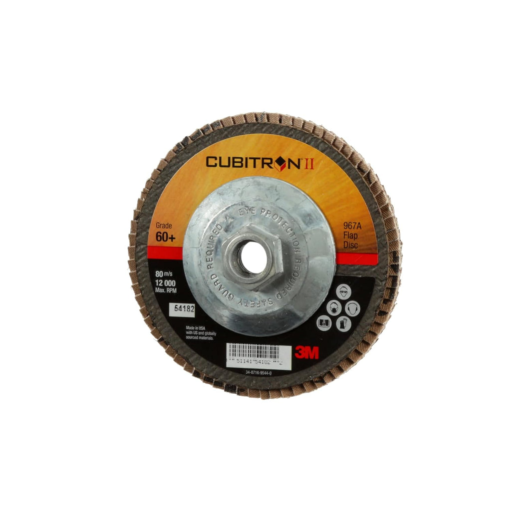 3M Cubitron II Flap Disc 967A, 60+, T27, 5 in x 5/8'-11, Pack of 10, Medium Pressure Applications, Light Deburring, Scale Removal, Oxide Removal, Surface Prep