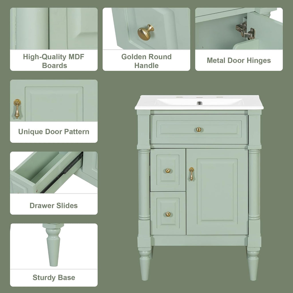 24 Inch Bathroom Vanity with Ceramic Sink Top, Cabinet with Tip-Out Drawer and Door Storage, Solid Wood Roman Legs, Adjustable Shelf, Green