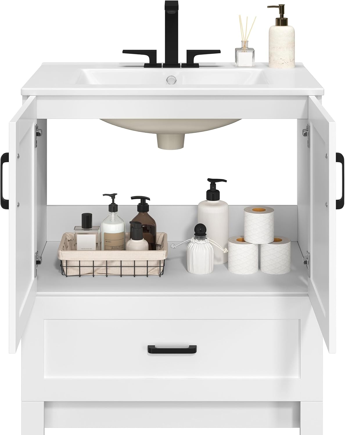 Yaheetech 30' Bathroom Vanity with Ceramic Basin, Freestanding Bathroom Storage Cabinet with 2 Soft-Close Door and 1 Tip-Out Drawer, Undermount Vanity Sink Cabinet, Easy-to-Clean, White