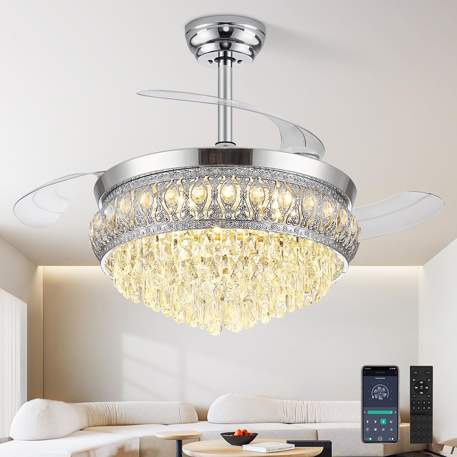 48' Fandelier Ceiling Fan with Light, Crystal Retractable Ceiling Fan with Lights and Remote, Chandelier Fans for Bedroom Living Room, Reversible DC Motor, Dimmable, 6 Speeds - Chrome