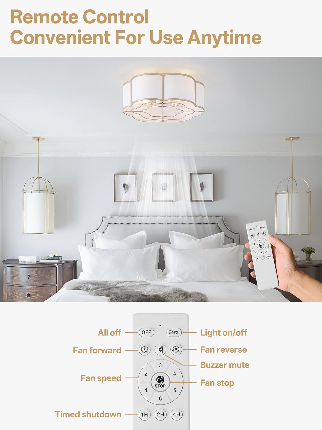 20' Boho Ceiling Fan with Lights Flush Mount, Gold Enclosed Ceiling Fans with Lights Remote Control, Caged with 6 Speeds for Bedroom, Living Room, Nursery