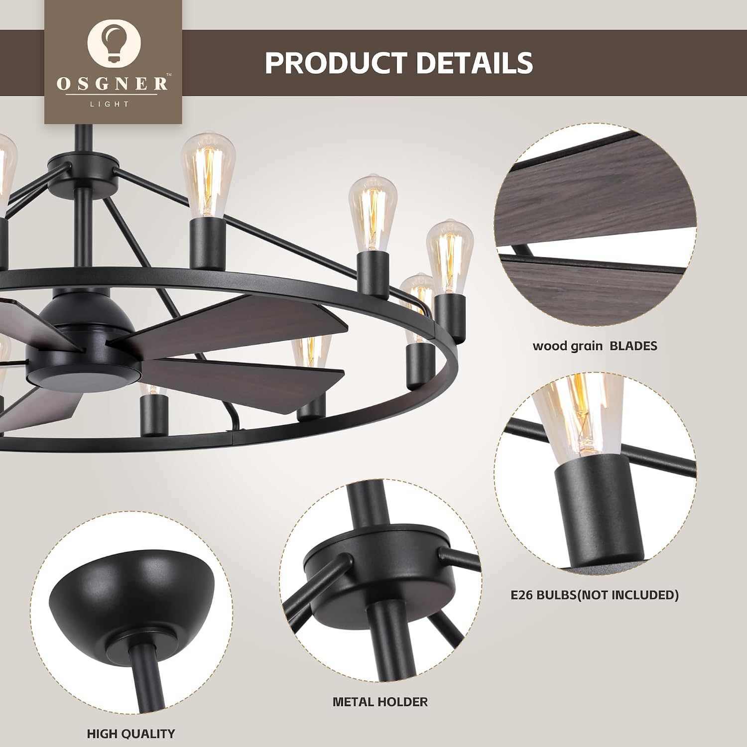 44' Wagon Wheel Chandelier with Fans, Black Farmhouse Ceiling Fan with Light and Remote, Rustic Large Fandelier for Living Room, Adjustable Height, Farmhouse Chandelier Light Fixtures