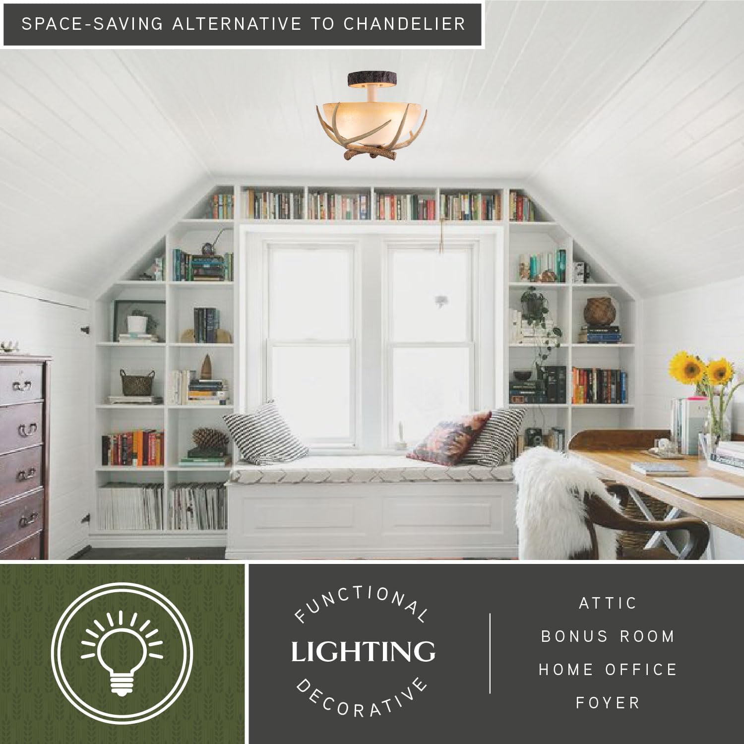 VAXCEL Lodge 16-in W Cream Rustic Antler Bowl Semi Flush Mount Ceiling Light Cream Glass