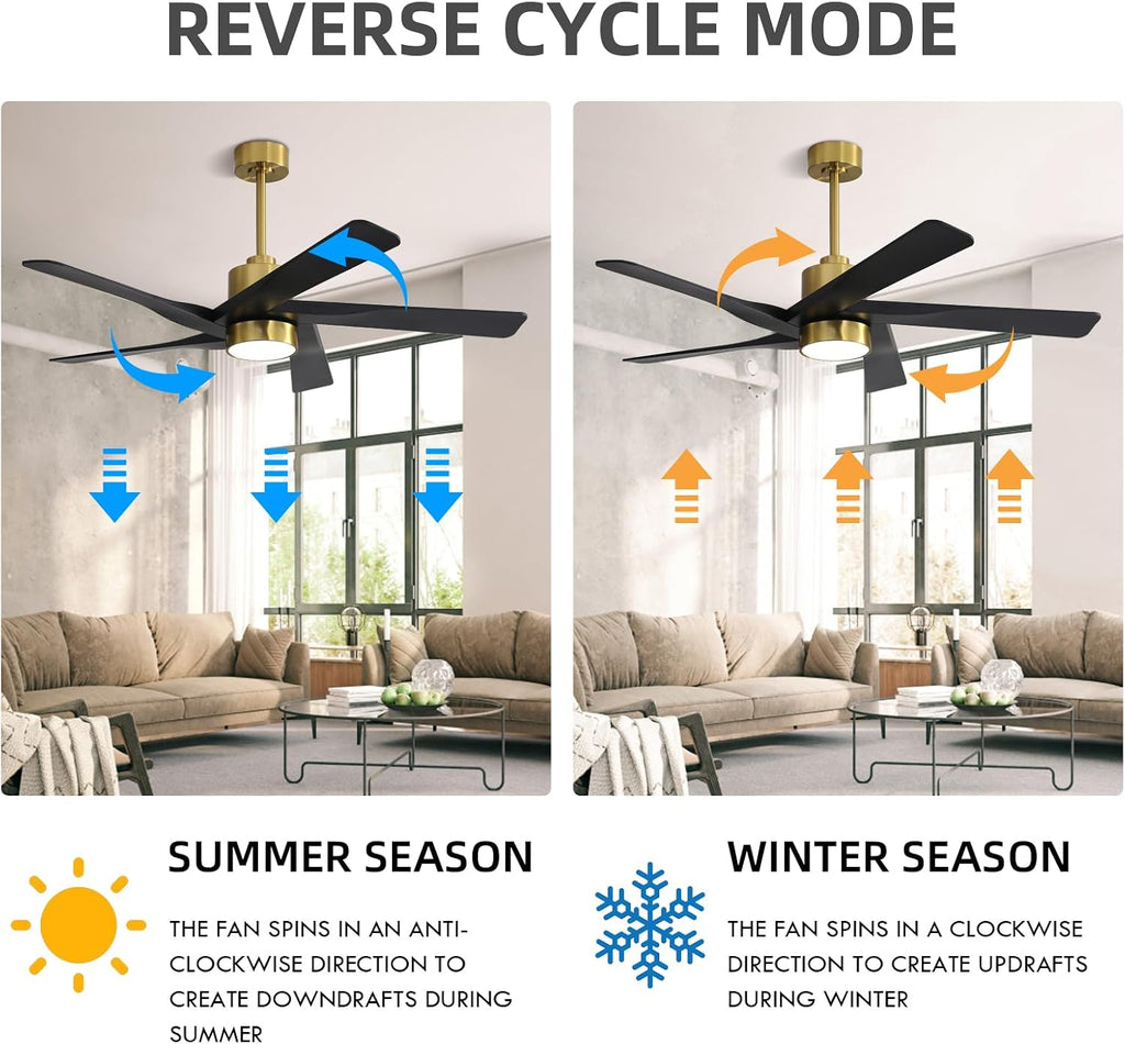 WINGBO 64' ABS DC Ceiling Fan with Lights, 5 Blade ABS Plastic Ceiling Fan with Remote, 6-Speed Reversible DC Motor, LED Ceiling Fans for Kitchen Bedroom Living Room, Brass and Matte Black