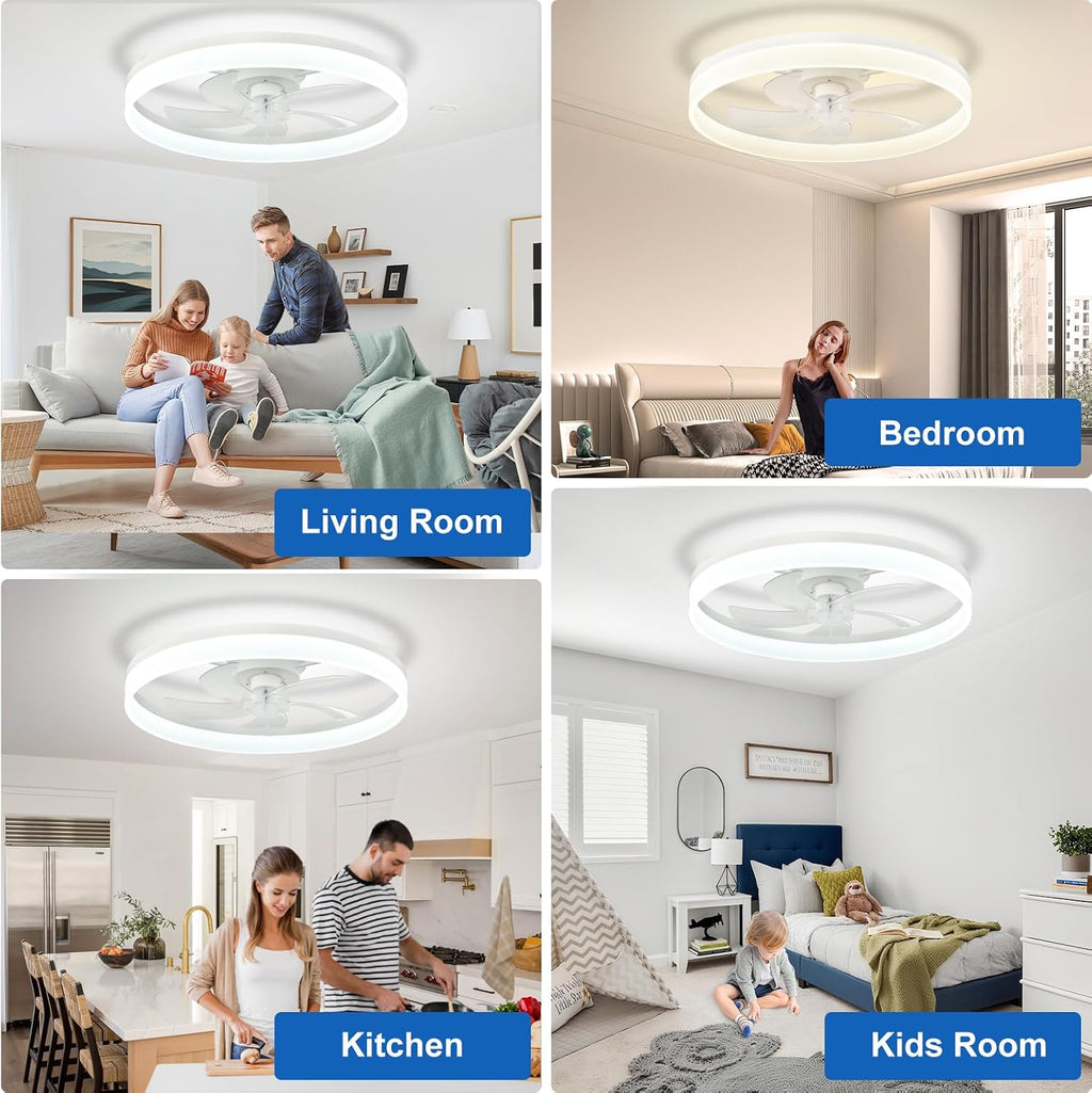 DLLT Bladeless Ceiling Fans with Lights: 24 Inch Modern Flush Mount Low Profile Ceiling Fan with APP Remote Control - White Enclosed LED Fandelier Dimmable Quiet DC Motor for Bedroom Living Room