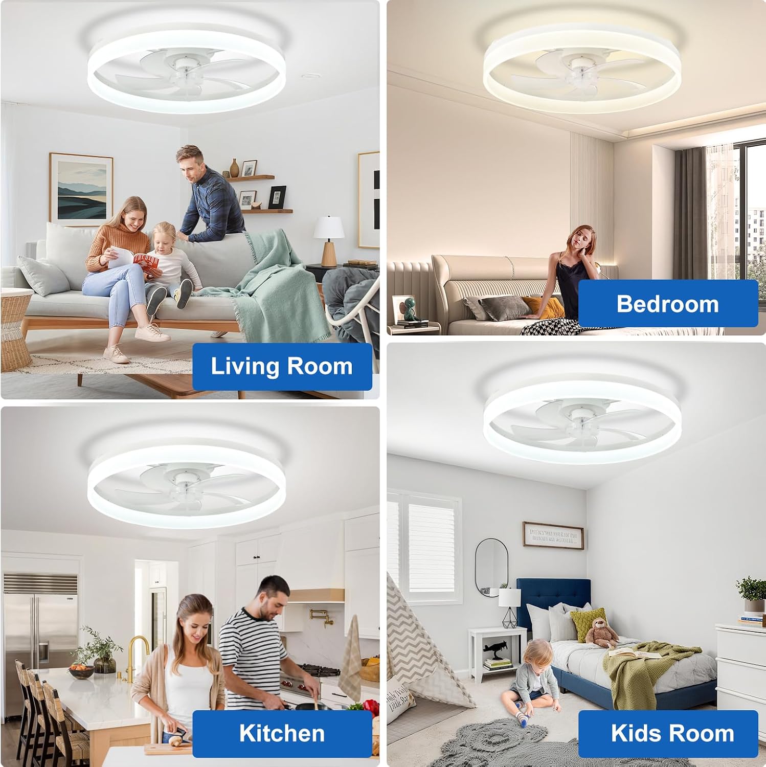 DLLT Bladeless Ceiling Fans with Lights: 24 Inch Modern Flush Mount Low Profile Ceiling Fan with APP Remote Control - White Enclosed LED Fandelier Dimmable Quiet DC Motor for Bedroom Living Room