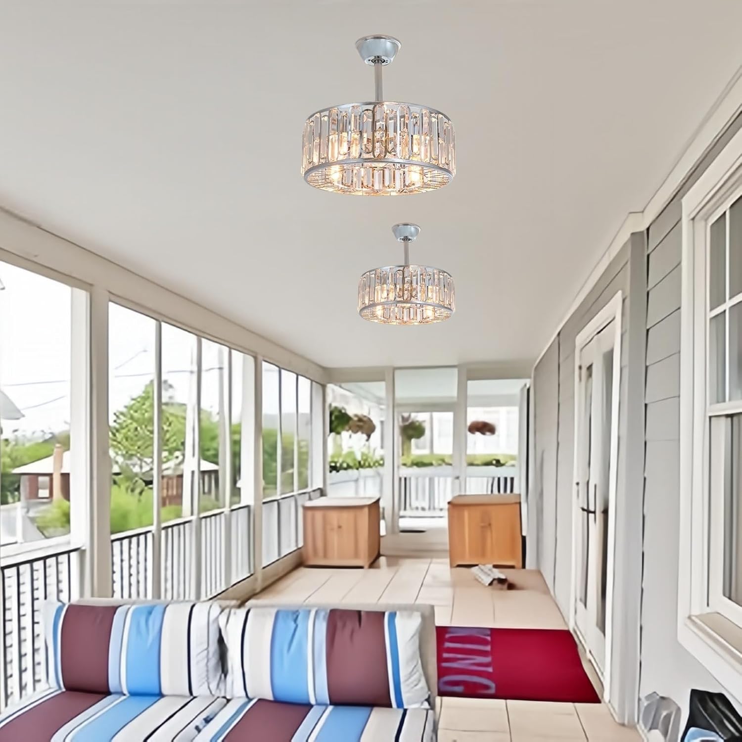 18.2' Silver Crystal Caged Ceiling Fan with Light 4-Lights Modern Flush Mount Chandelier Fan Remote Chrome Crystal Fandelier Lights for Bedroom Living Room Dining Room Entry Loft Hallway