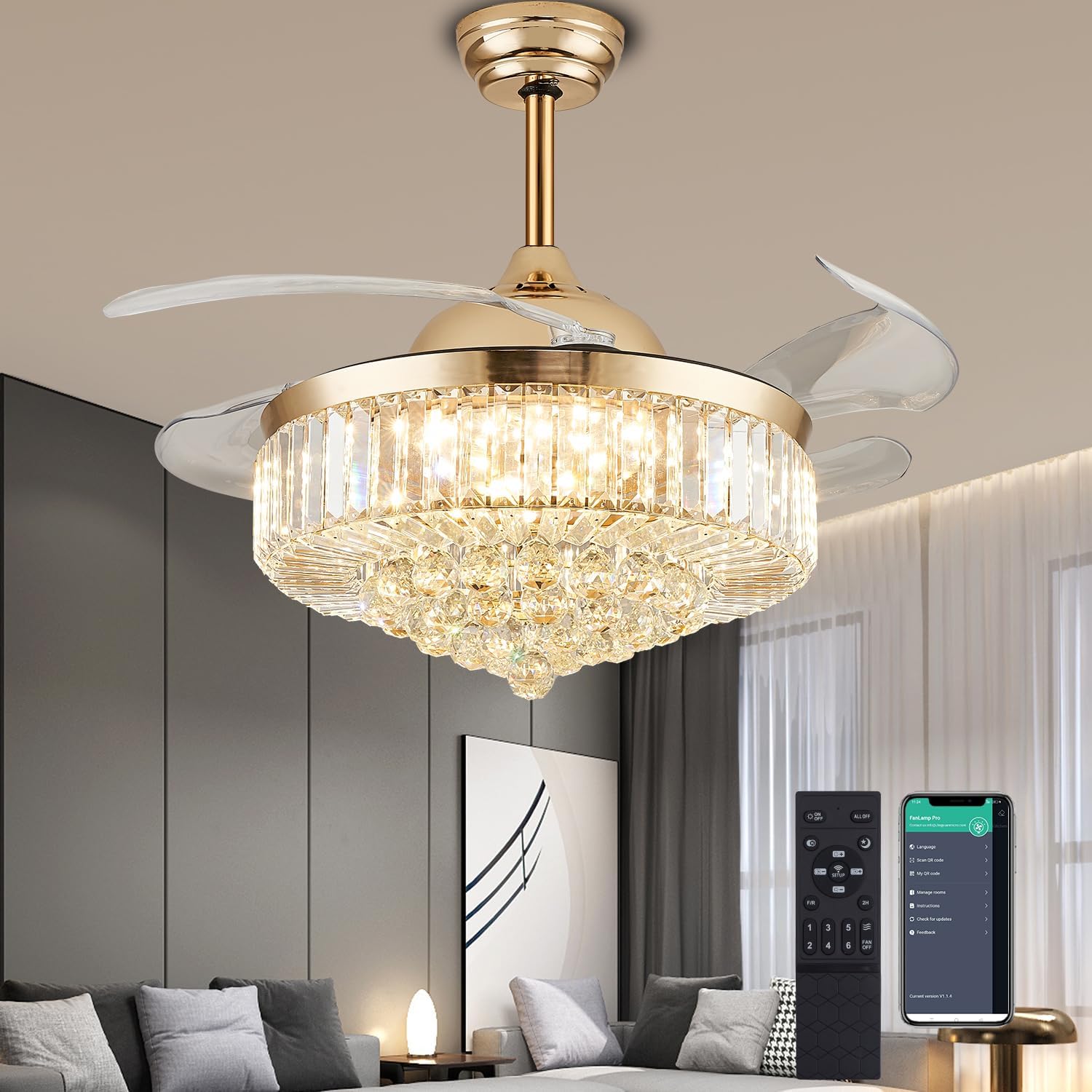 48'' Crystal Ceiling Fan with Light and Remote,Modern Gold Fandelier with Invisible Retractable Blades,Dimmable Chandelier Ceiling Fan for Bedroom Living Room Dining Room