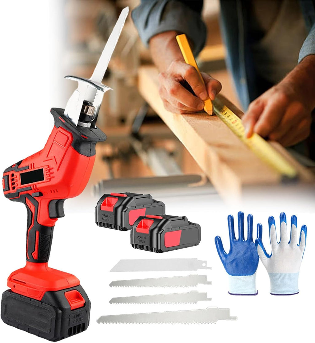 Electric Reciprocating Saw, Cordless Saw with 4 Replaceable Saw Blades, Professional Handheld, Lightweight Body, Low Vibration, Led Auxiliary Lighting, for Wood & Metal Cutting