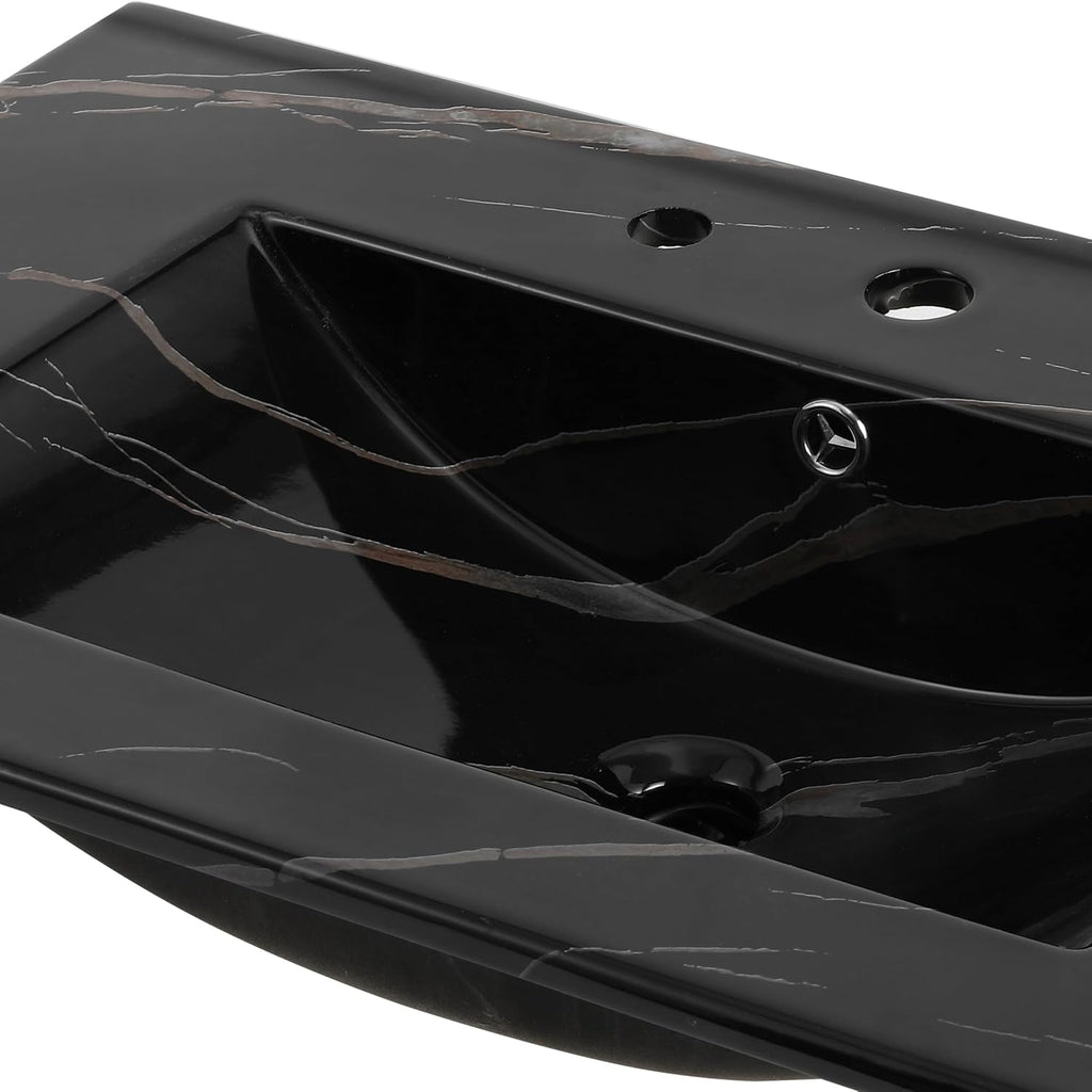 JONATHAN Y Ancillary 30 in. W x 18.25 in. D Ceramic Vanity Sink Top with 3-Hole Rectangular Single Sink Basin, Black Marble Effect SNK1002D