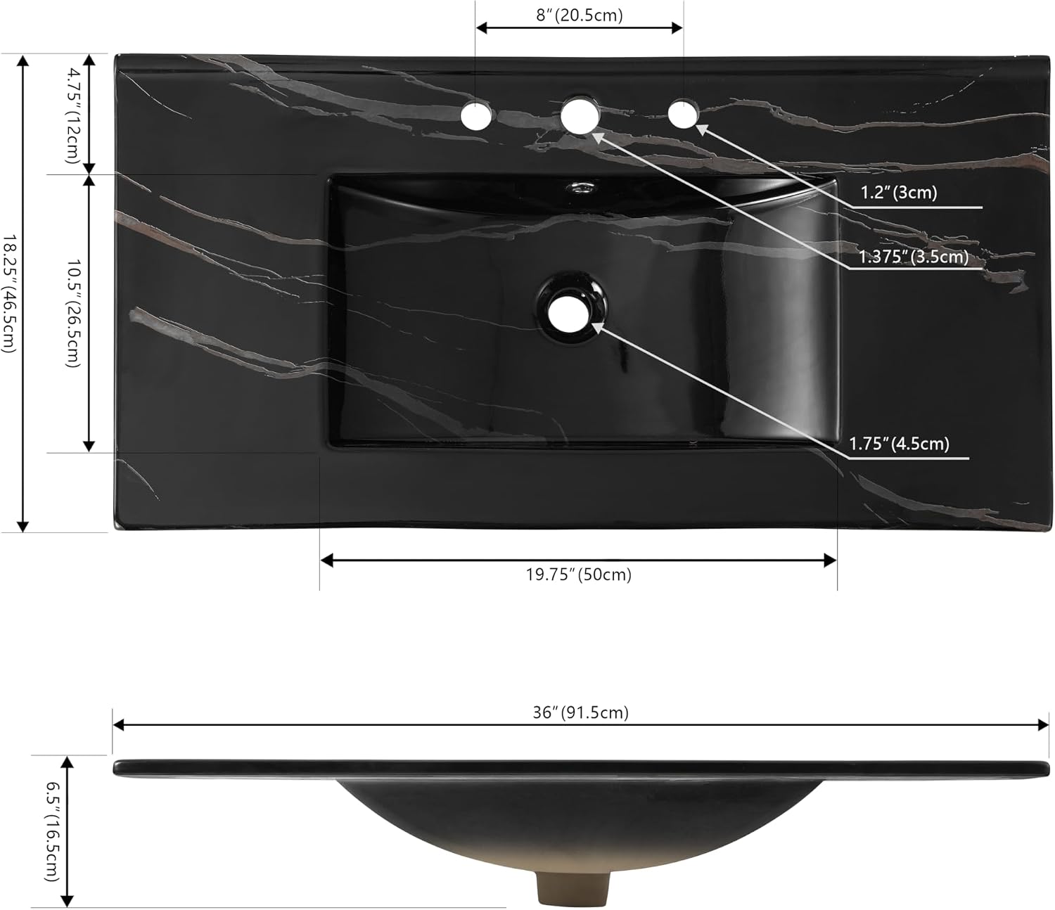 JONATHAN Y Ancillary 36 in. W x 18.25 in. D Ceramic Vanity Sink Top with 3-Hole Rectangular Single Sink Basin, Black Marble Effect SNK1003D