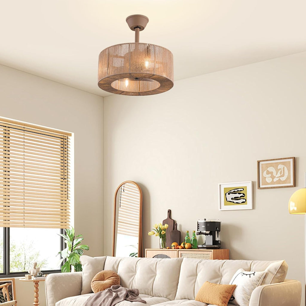 LOYALHEARTDY Boho Ceiling Fan With Light and Remote 18'' 3-speed Fringe Tassel Caged Ceiling Fan Modern Downrod Mount Bladeless Ceiling Fan Kids Fan, Hemp Rope Fringe Tassel Lampshade (FG87GRWEOUERR)