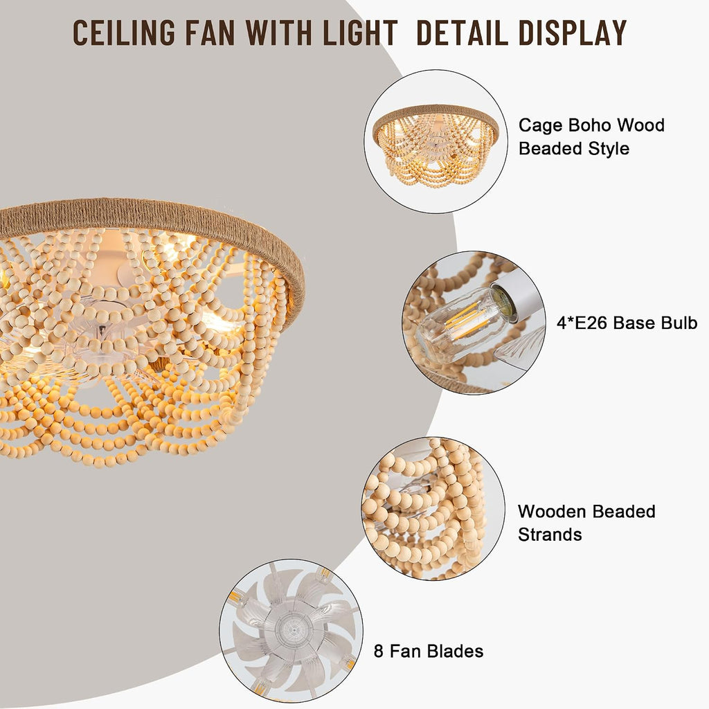 20'' Boho Ceiling Fan with Light and Remote, Wood Beads Flush Mount Ceiling Fans with 6 Speeds, Bohemian Caged Fandelier Chandelier Fan for Nursery Bedroom Living Room Hallway Patio Kitchen
