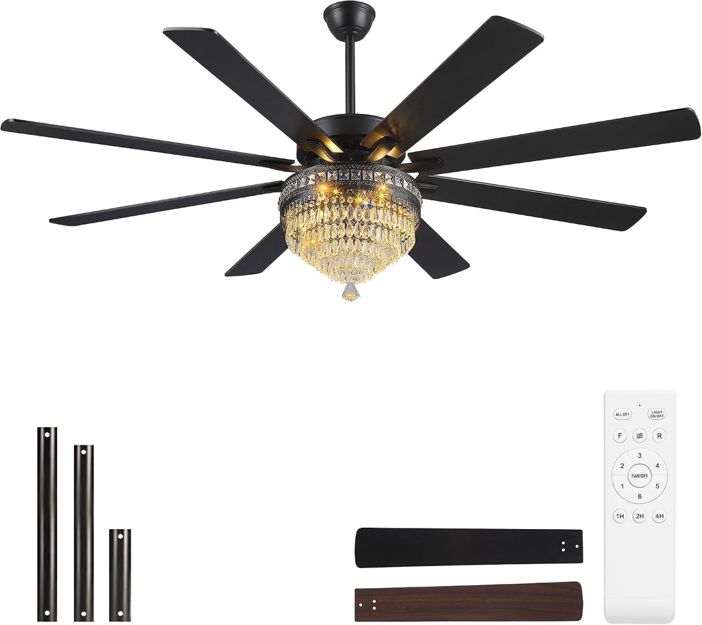 GJeg Crystal Ceiling Fan Fandelier with Lights - Outdoor Ceiling Fans with Remote Control, Farmhouse Ceiling Fan with Noiseless DC Reversible Motor,Dining Room,Living Room(72' Black)