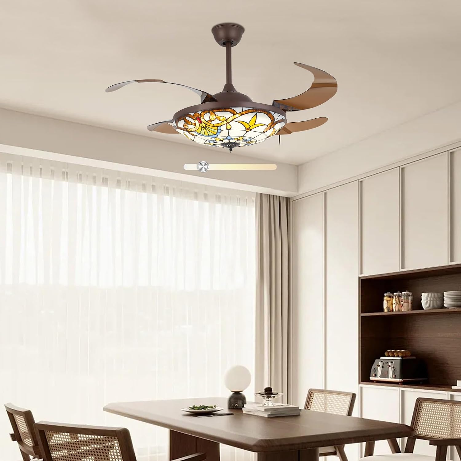 42'' Tiffany Ceiling Fan with Lights, Stained Glass Vintage Ceiling Fan Chandelier, 6 Speed Quiet Indoor Lighting Fixture Retractable Blades with Remote for Bedroom Living Room Hotel