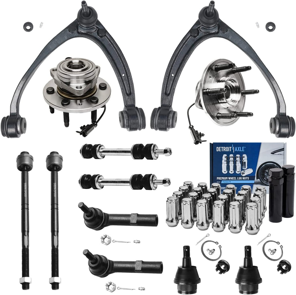 Detroit Axle - 4WD Front End Kit for 2007-2013 Chevy Silverado 1500 GMC Sierra 1500 Cadillac Escalade, Wheel Bearing Hubs Upper Control Arms Tie Rods Sway Bars Ball Joints Wheel Lug Nuts Socket Keys