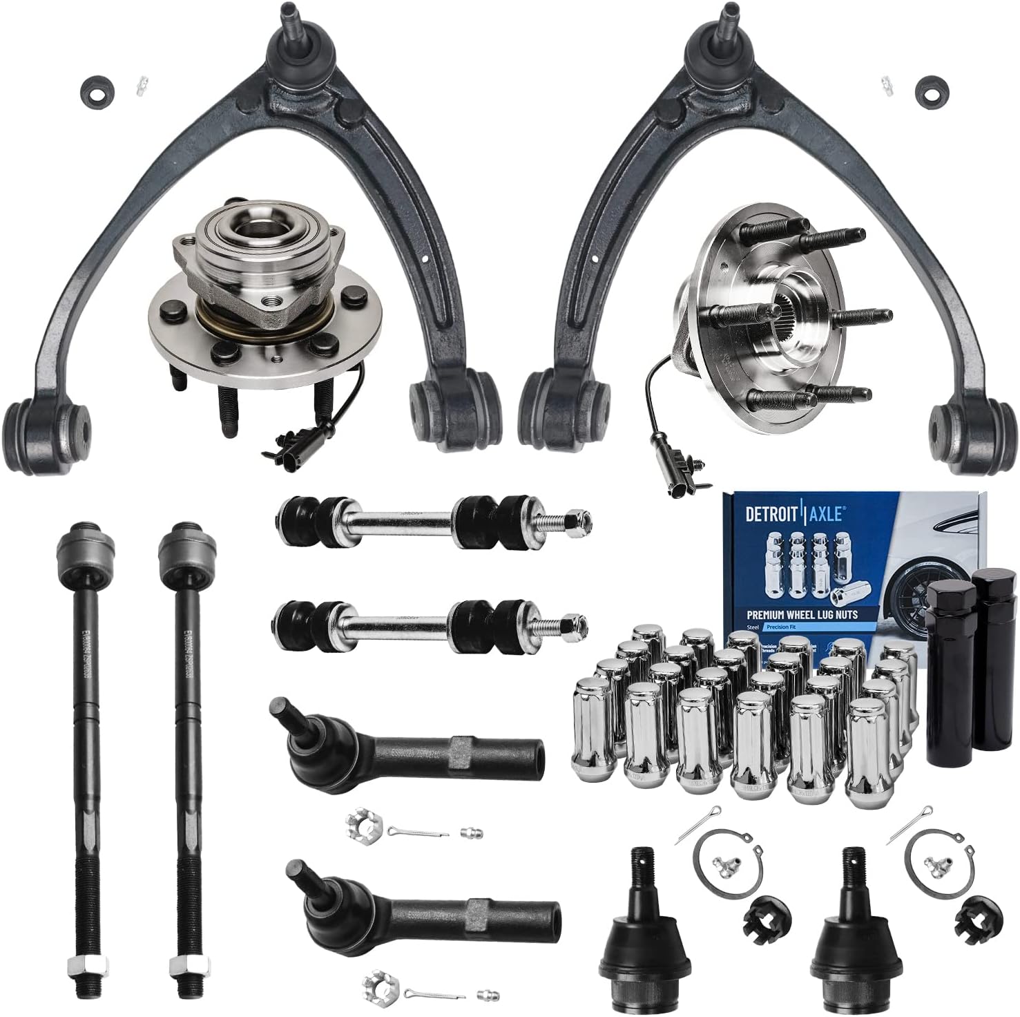 Detroit Axle - 4WD Front End Kit for 2007-2013 Chevy Silverado 1500 GMC Sierra 1500 Cadillac Escalade, Wheel Bearing Hubs Upper Control Arms Tie Rods Sway Bars Ball Joints Wheel Lug Nuts Socket Keys