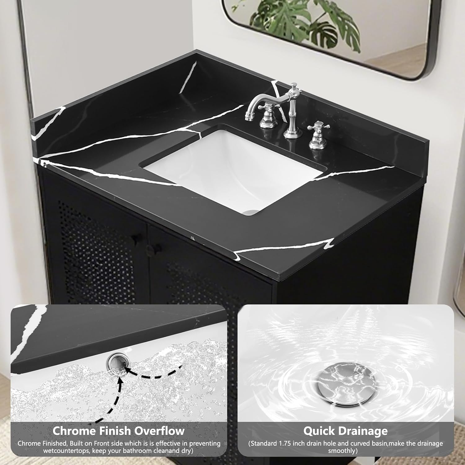 36 in. W x 22 in D Quartz Vanity Top in Black Marquina,with One Sidesplash & One Backsplash, Vanity Sink Top with Assembled Single Drop-in Sink, Pre-Drilled 8 Inch Faucet Hole Countertop