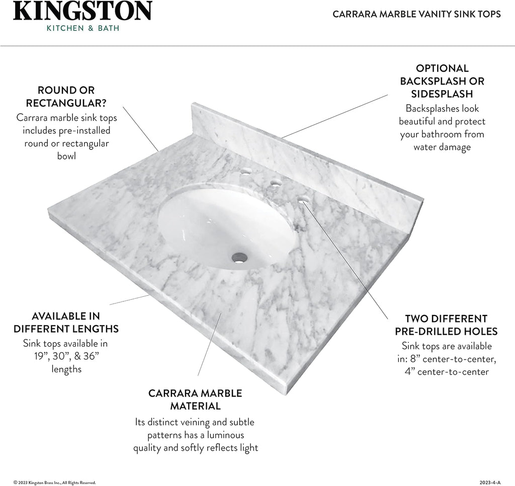 Kingston Brass KVPB3022M38SQ Templeton 30-Inch Carrara Marble Vanity Sink Top (8' Faucet Drillings) in Carrara Marble