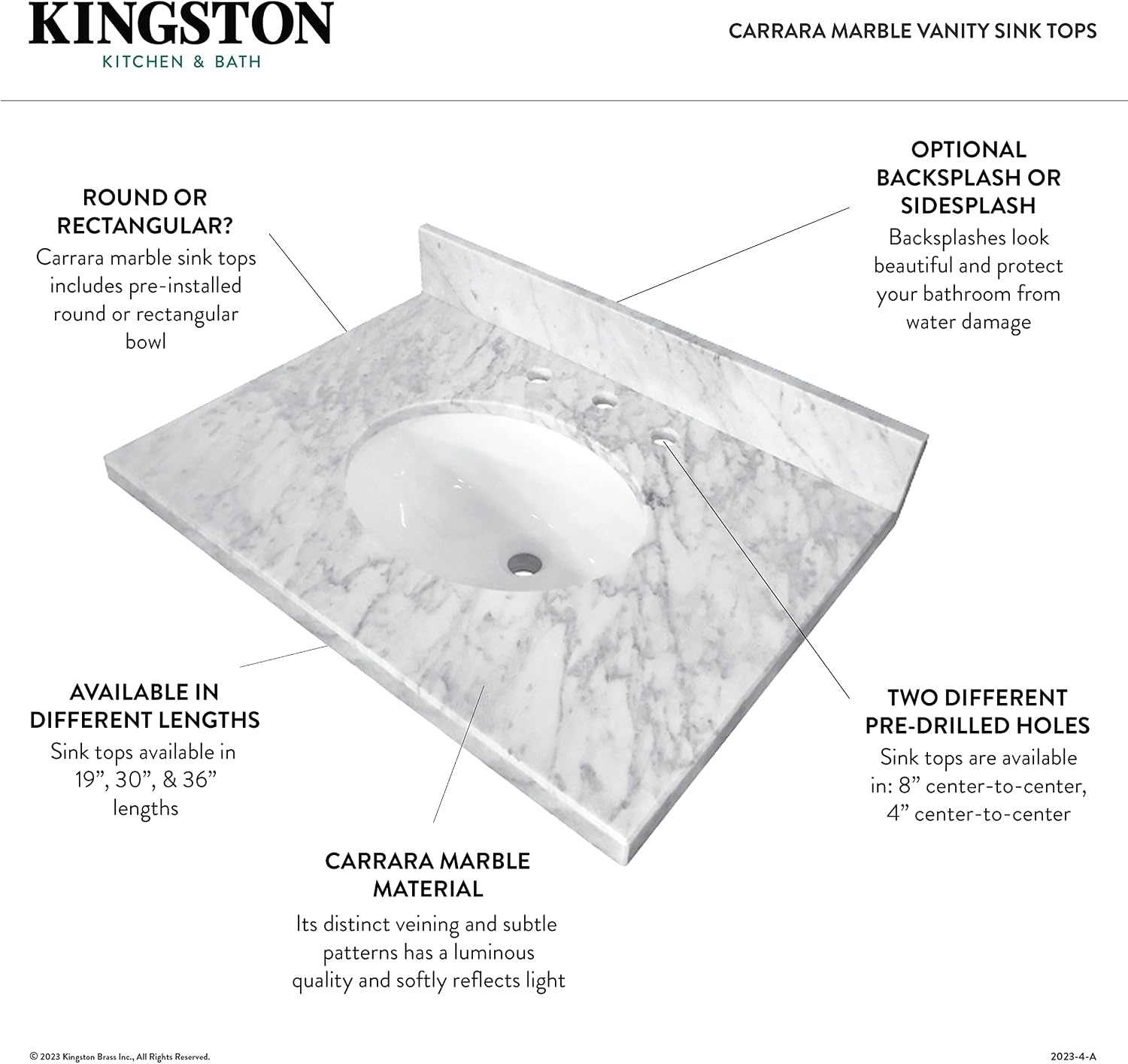 Kingston Brass KVPB3022M38SQ Templeton 30-Inch Carrara Marble Vanity Sink Top (8' Faucet Drillings) in Carrara Marble