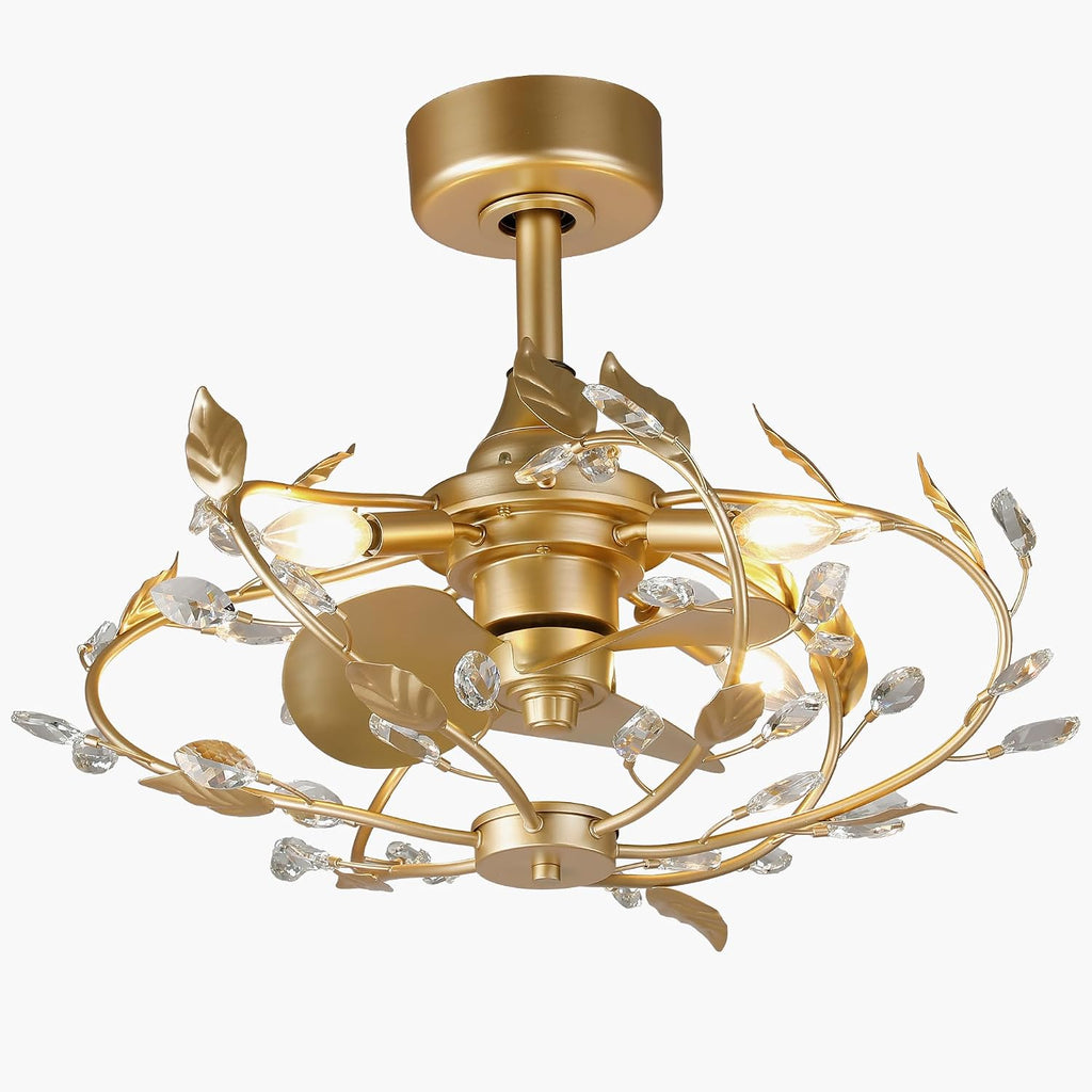24' Gold Chandelier Ceiling Fans with Lights and Remote, Modern Crystal Leaf Caged Ceiling Fan, Quiet 6-Speed Reversible DC Motor, Dimmable Small Low Profile Ceiling Fan for Bedroom, Dining Room, E12