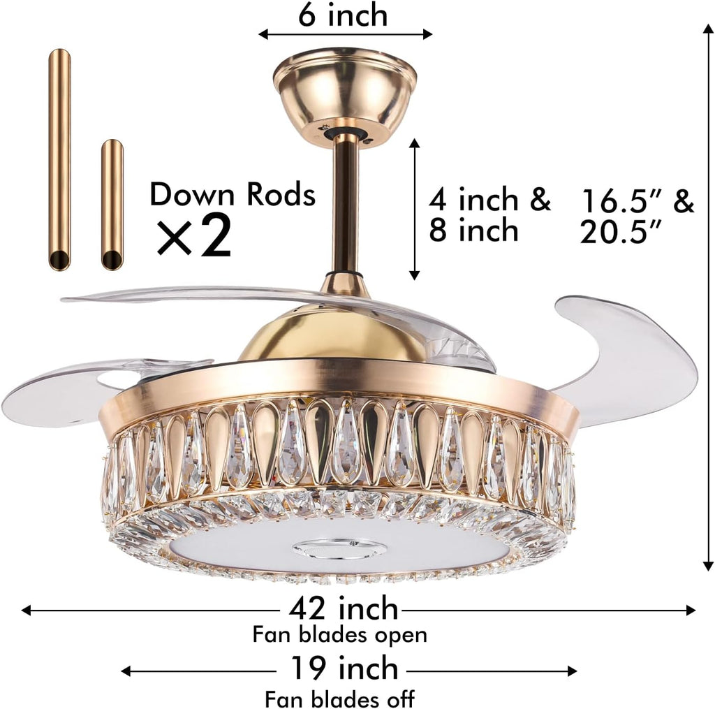 A Million 42' Gold Smart Ceiling Fan with Light and Bluetooth Speaker, Crystal Chandelier Fan with Retractable Blade 3 Speed and RGB Color Change APP and Remote Control
