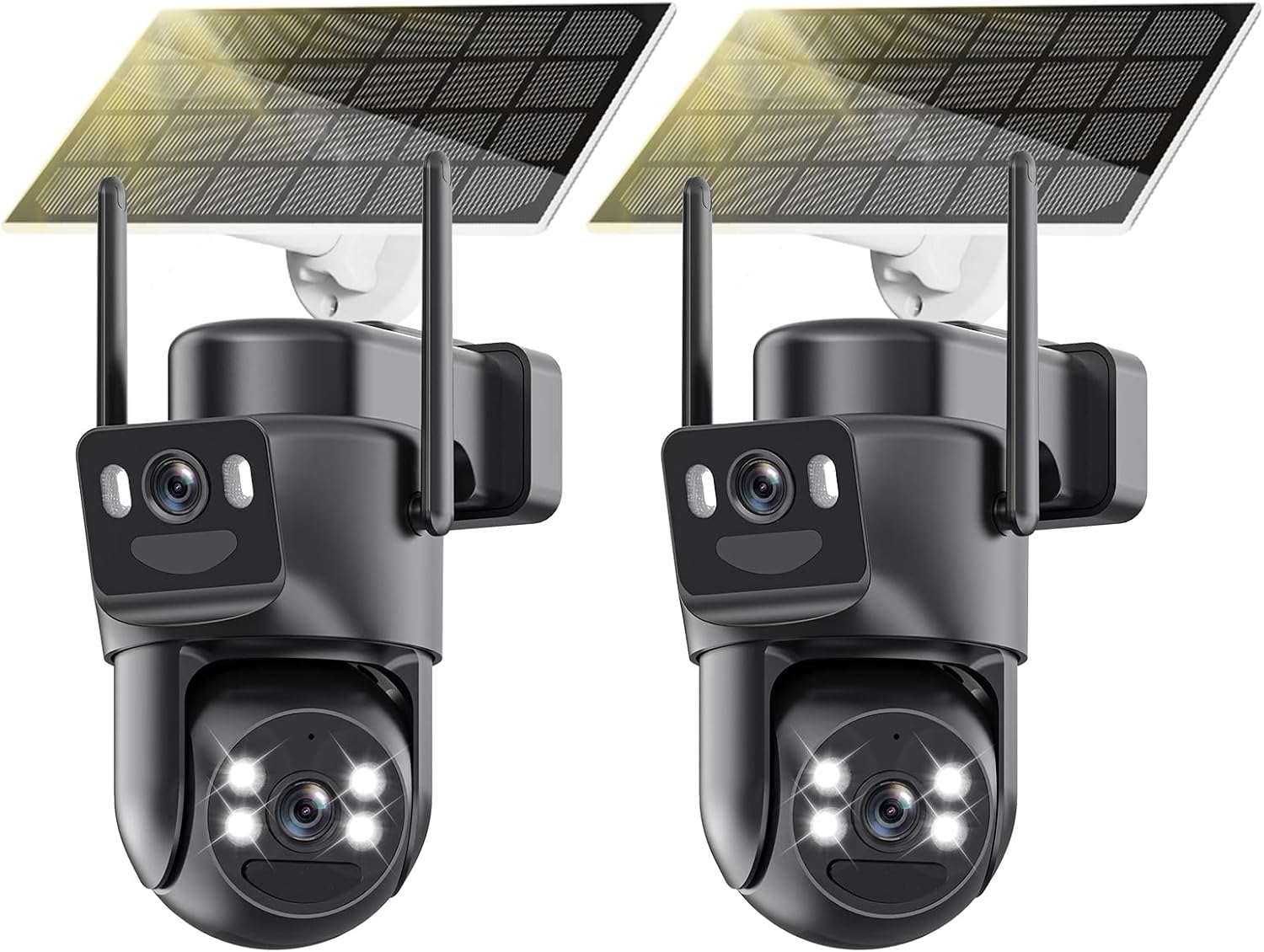 4K Solar Security Cameras Wireless Outdoor Battery Powered, 2.4GHz Dual Lens Bullet & 360°PTZ Linkage Outdoor Security Camera with Solar Panel, 8X Digital Zoom, Color Night Vision (2 Pack)
