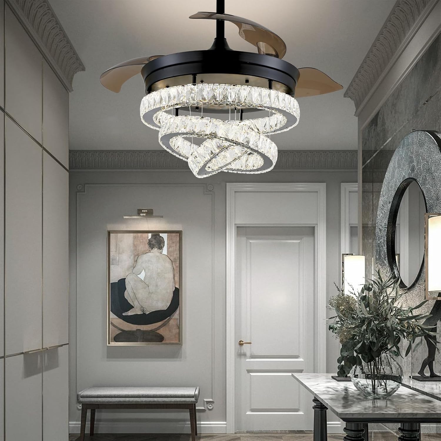 42' Black Fandeliers with Lights Dimmable LED Crystal Ceiling Fan Individual 3 LED Color Change with Timi Memory Function