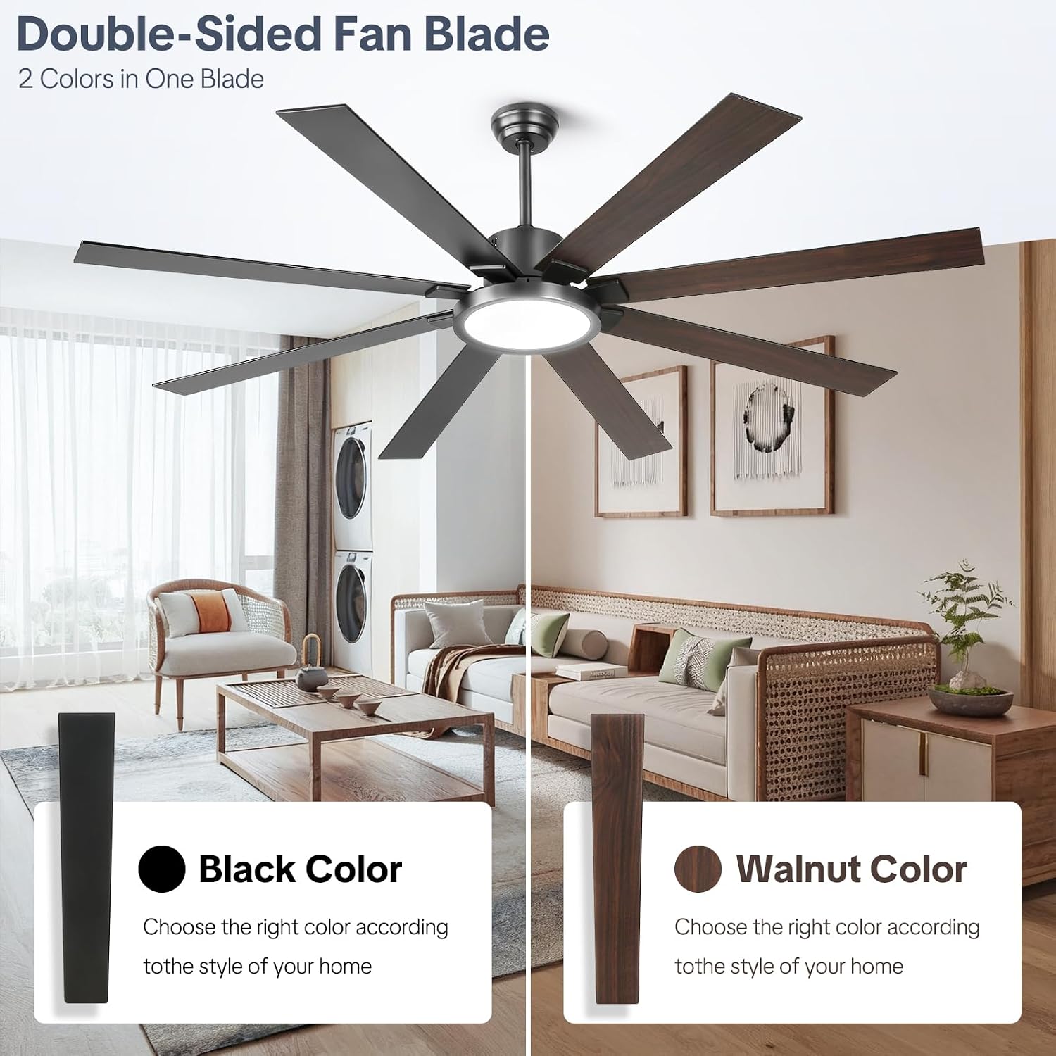 Large Ceiling Fans with Lights, Modern 72 Inch 8 Blade Outdoor Ceiling Fan with Remote APP Control - Dimmable Black Big Fan light Indoor Reversible 6 Speed Quiet DC Motor